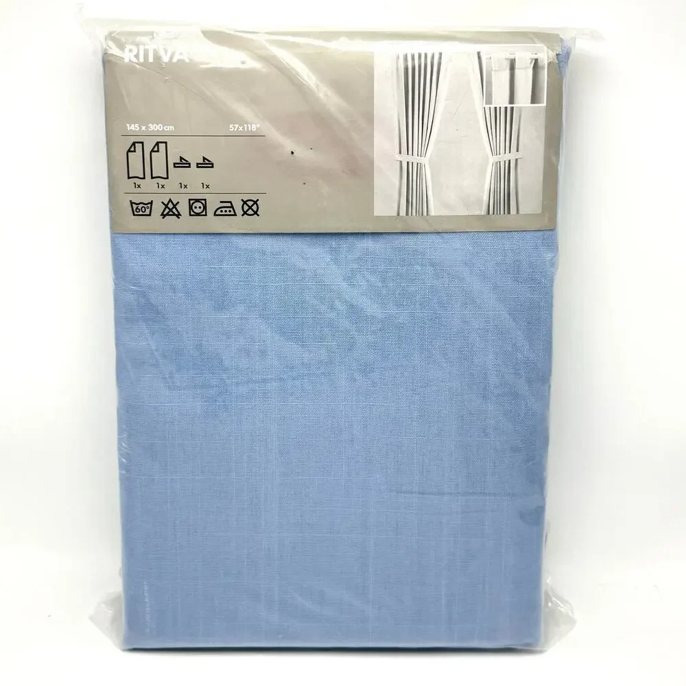IKEA Ritva Light Blue Curtains w Tie Backs 57x128” Cotton Panels Pair Set of 2